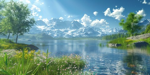 Wall Mural - Mountains, lake and flowers