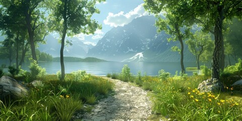 fantasy mountain lake landscape with trees and flowers