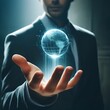 Businessman Extending Hand with Holographic Globe in Dim Light