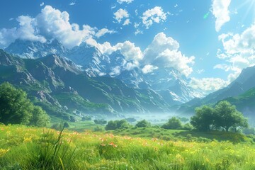 Canvas Print - fantasy mountain landscape with green fields and flowers