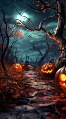 Wall Mural - Spooky Halloween night in a creepy forest with scary pumpkins