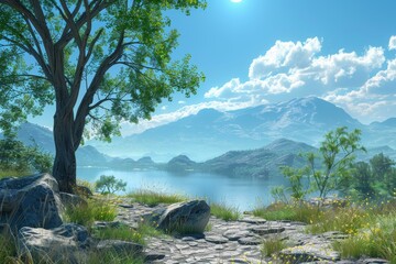 Wall Mural - fantasy landscape with a large tree in the foreground and mountains in the background