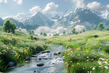 Canvas Print - Alpine meadow with a stream running through it