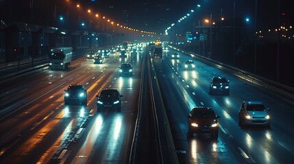 Poster - cars driving on a busy highway illuminated by streetlights, nighttime commuting