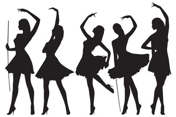 Wall Mural - Dancing Girl Group Black Silhouette Female Figure Isolated Over White Background Vector Illustration