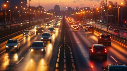 Aufkleber - Cars driving on a busy highway illuminated by streetlights, nighttime commuting