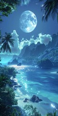 Poster - Fantasy landscape with blue moon and palm trees