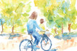 A vibrant watercolor painting of a person joyfully riding a bike through a scenic landscape