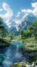 Majestic Snow Capped Mountains With River Flowing Through A Lush Green Valley