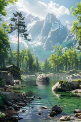 Canvas Print - A beautiful landscape with a mountain, river and trees