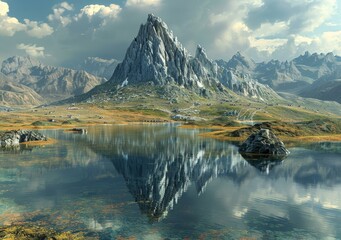 Poster - The mountain is surrounded by a lake and grassland