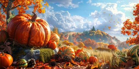 Sticker - A beautiful fall landscape with pumpkins in the foreground and a forest in the background