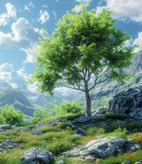 Wall Mural - Green tree in a rocky mountain valley