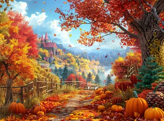 Wall Mural - Charming Autumn Countryside Landscape with Pumpkins and Trees