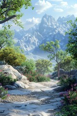 Canvas Print - The Rocky Mountains in the distance with trees and flowers in the foreground