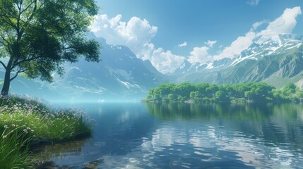 Wall Mural - Mountains, lake and trees