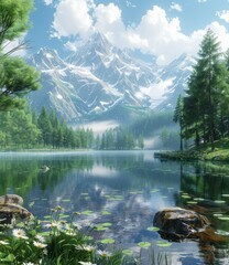 Poster - Tranquil mountain lake and green hills landscape