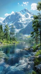 Sticker - Stunning mountain lake landscape with snow capped peaks and crystal clear water