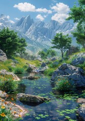 Canvas Print - rocks and flowers near a mountain stream in the Alps