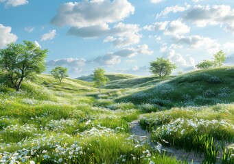 Wall Mural - Small hills covered with green grass and white flowers under a blue sky with white clouds