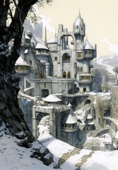 Canvas Print - a little medieval village, sci fi, cold winter