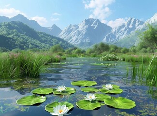 Wall Mural - Tranquil mountain lake with blooming water lilies