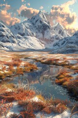 Sticker - Tranquil Mountain Lake in a Snowy Valley Surrounded by Autumn Foliage