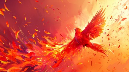 Wall Mural - A painting of a bird flying through the air with fire around it, AI