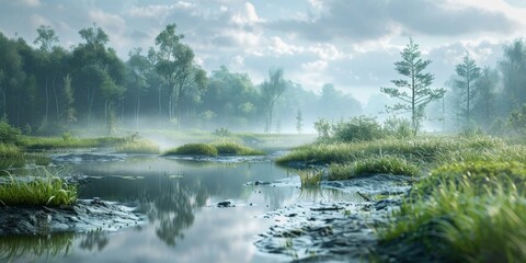 Poster - Misty morning in the middle of a beautiful green swamp