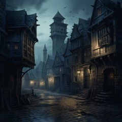 Wall Mural - a medieval dark fantasy wizard's tower, cobblestone, on a dark city street, ominous, tall and drab, dungeons and dragons