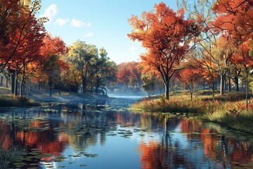 Canvas Print - Tranquil Autumn Lake Scenery with Vibrant Foliage and Calming Water