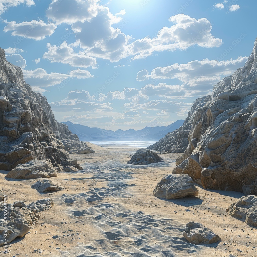 Arid desert canyon landscape with large boulders and blue sky Stock ...