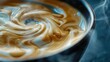 Close-up of swirling coffee patterns in a cup with steaming vapor