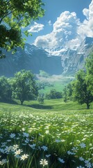 Canvas Print - Alpine meadow in the valley of mountains