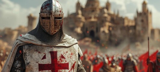 Poster - a medieval Templar knight with shield and templar logo, with a castle in the background