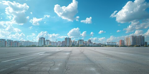 Wall Mural - Cityscape image of a large empty parking lot on a sunny day with blue sky and white clouds