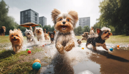 Wall Mural - A dynamic and joyful scene of multiple small dogs, possibly Yorkies, playing and splashing through a puddle in a park