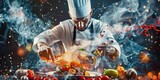 Fototapeta  - An image of a chef experimenting with new culinary techniques and flavors, creating a fusion dish that combines different cuisines and ingredient