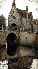 Wall Mural - a mill and a bridge over a river, in the style of medieval inspiration