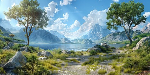 Poster - Mountains, lake and trees