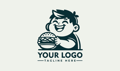 boy holding a hamburger or cheeseburger vector logo cute Burger Boy retro logo features a chubby-cheeked cartoon boy with a big smile holding a hamburger or cheeseburger