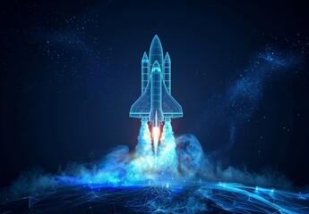 Abstract space shuttle launches into space, glowing rocket, smoke, digital start-up success concept. Low poly wireframe 3D vector illustration, technology blue, dark background.