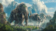 A herd of giant ancient elephants walking near a city