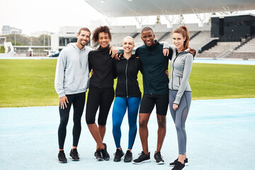 Wall Mural - Fitness, race track and portrait of group of people in arena for challenge, cardio workout or resilience training. Sports, diversity and happy athletes for relay event, teamwork or competition