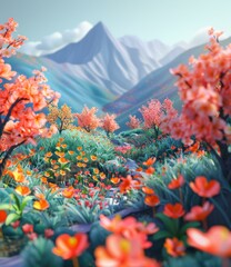 Poster - Colorful flowers and mountains landscape