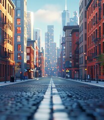 Wall Mural - A wide angle view of an empty city street with tall buildings on both sides