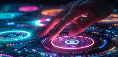 Poster - Futuristic interaction: Human hand touching a glowing touch screen with circular interface