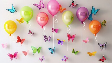 A whimsically stunning dye display or balloons and butterflies on white background beautiful festival birthday party background 