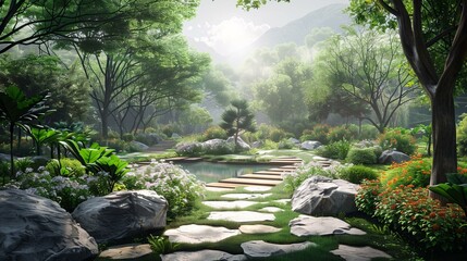 fantasy beautiful lush green garden with stone path and pond