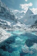 Canvas Print - Stunning winter mountain landscape with snow capped peaks and crystal clear blue lake